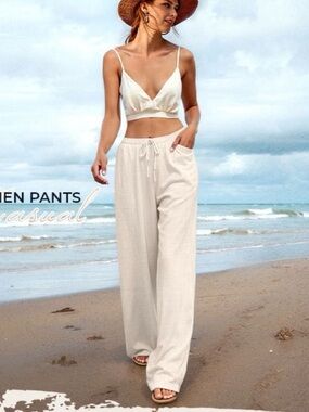 Anymeet linen blend wide leg drawstring pull on pant sz 2XL